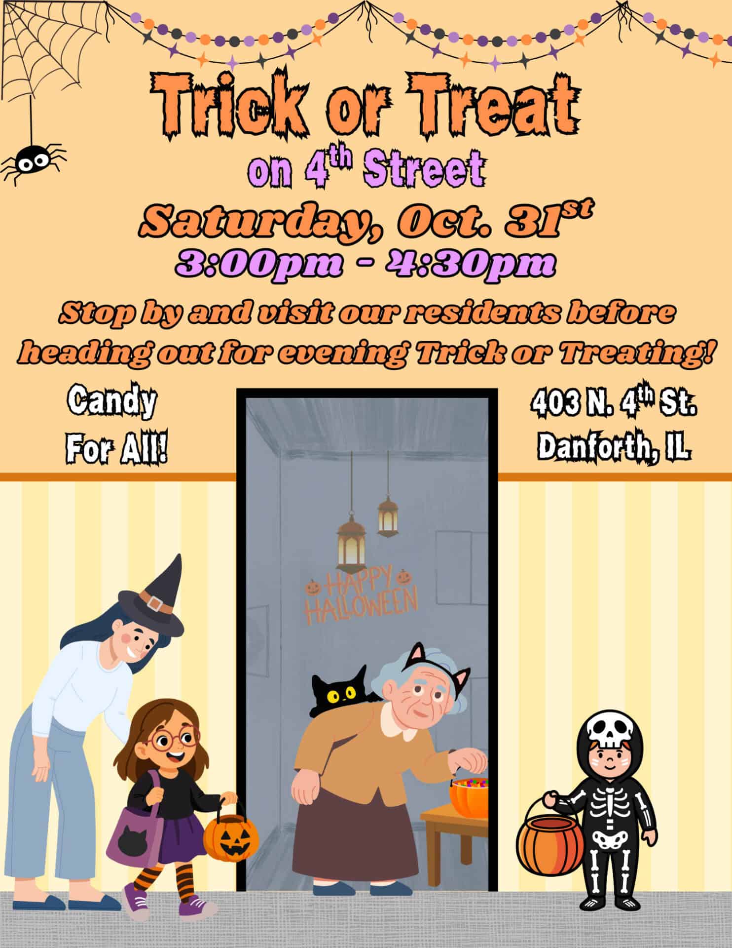 Halloween trick-or-treat event flyer for Danforth, Illinois