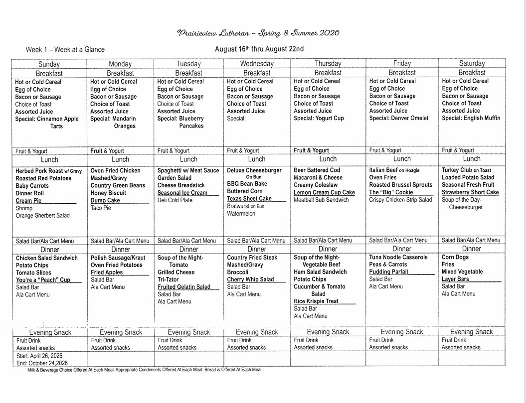 Prairieview Lutheran weekly meal menu for August 16–22, 2026