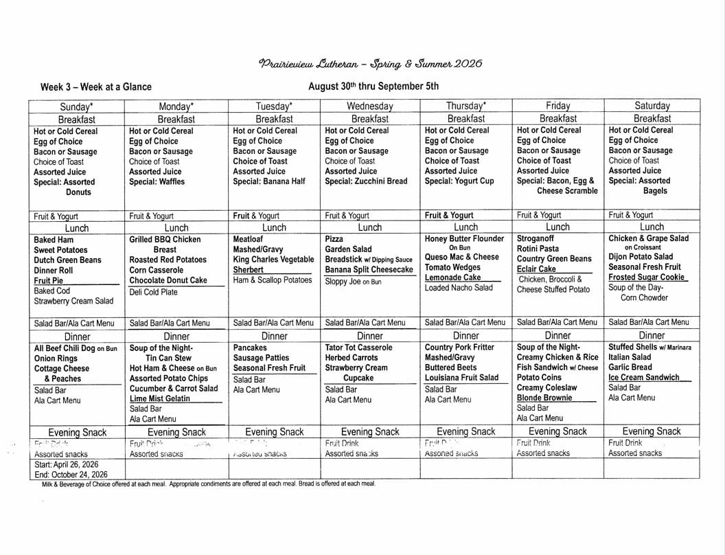 Weekly meal menu for Prairiview Lutheran, August 30–September 5