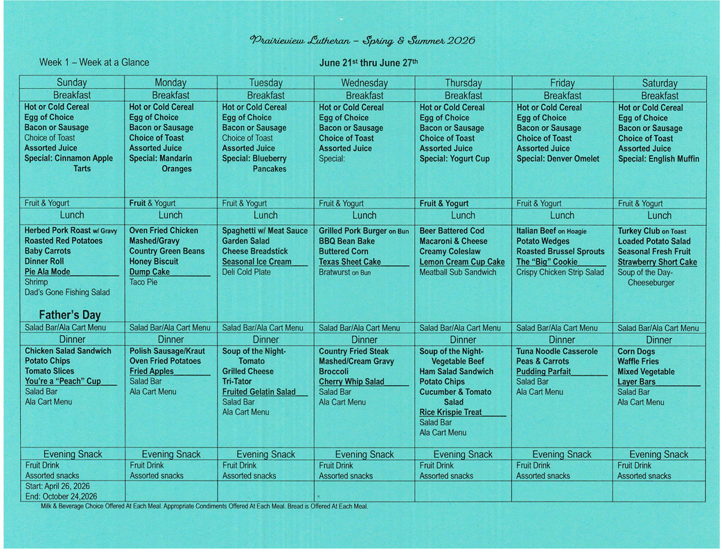 Weekly cafeteria menu for June 21–27, 2026
