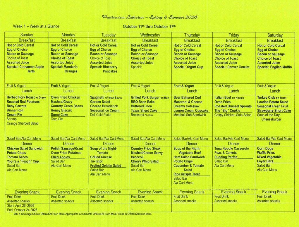 Prairieview Lutheran weekly meal menu for October 11–17
