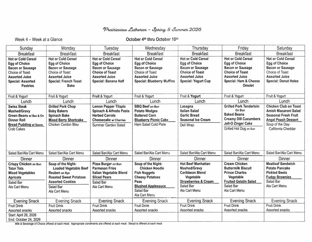 Prairieview Lutheran weekly meal menu, October 4–10, 2026