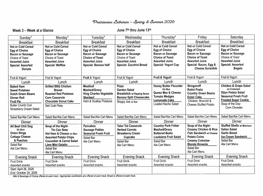 Weekly meal menu for June 7–13, 2026