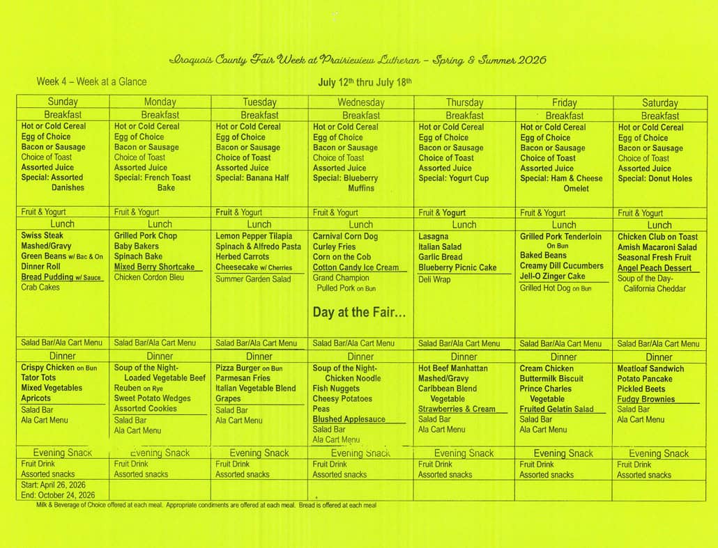 Iroquois County Fair Week 2026 meal schedule