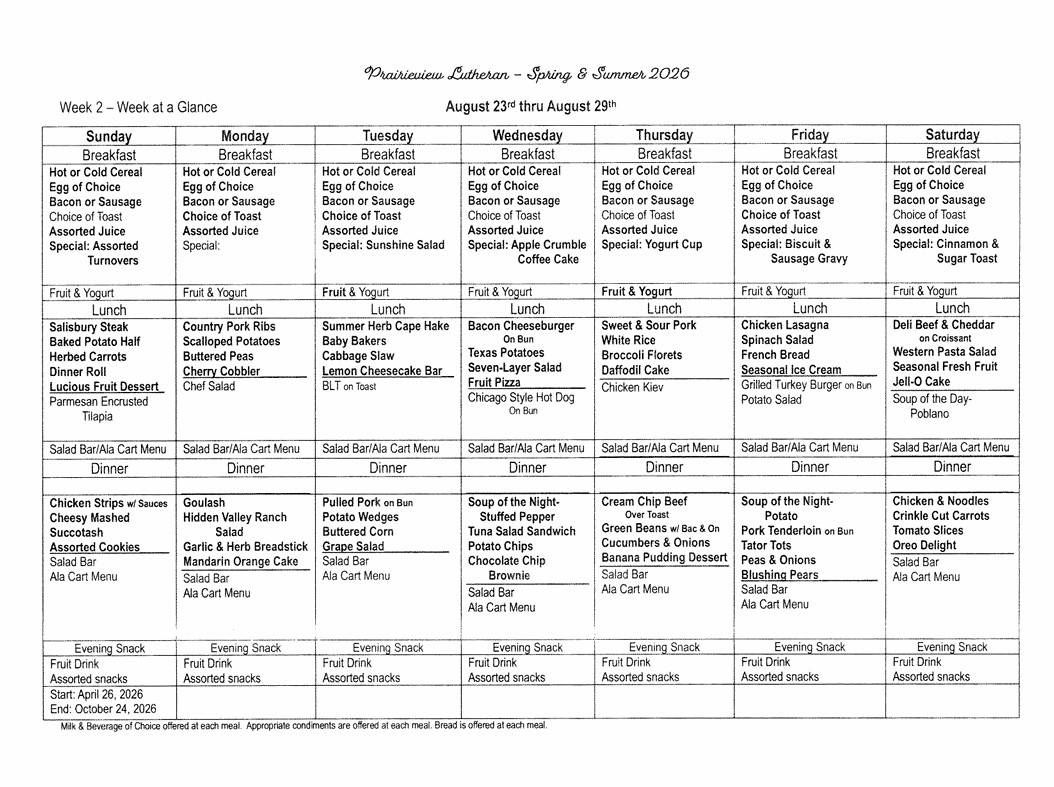 Weekly senior living meal menu for August 23–29