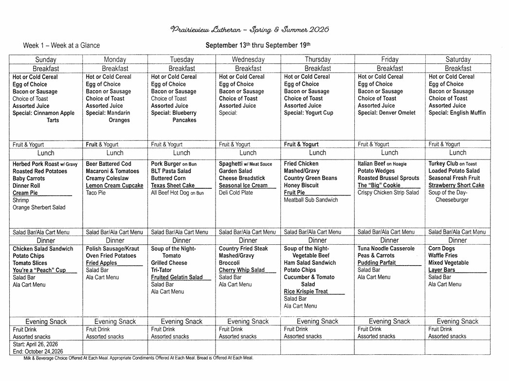 Weekly meal menu for Prairieview Lutheran, September 13–19