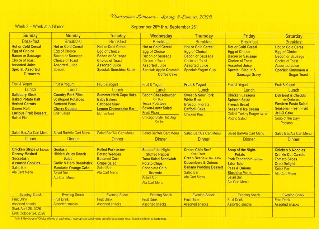 Prairieview Lutheran weekly meal menu for September 20–26, 2026