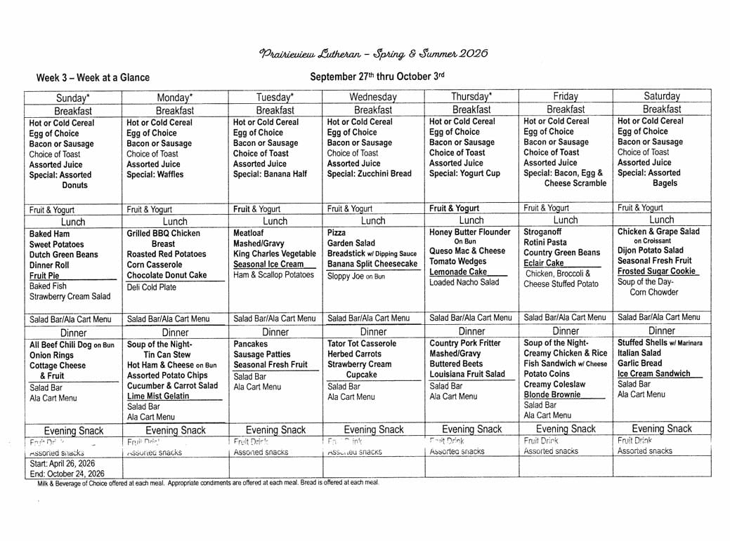 Prairieview Lutheran weekly meal menu for September 27–October 3